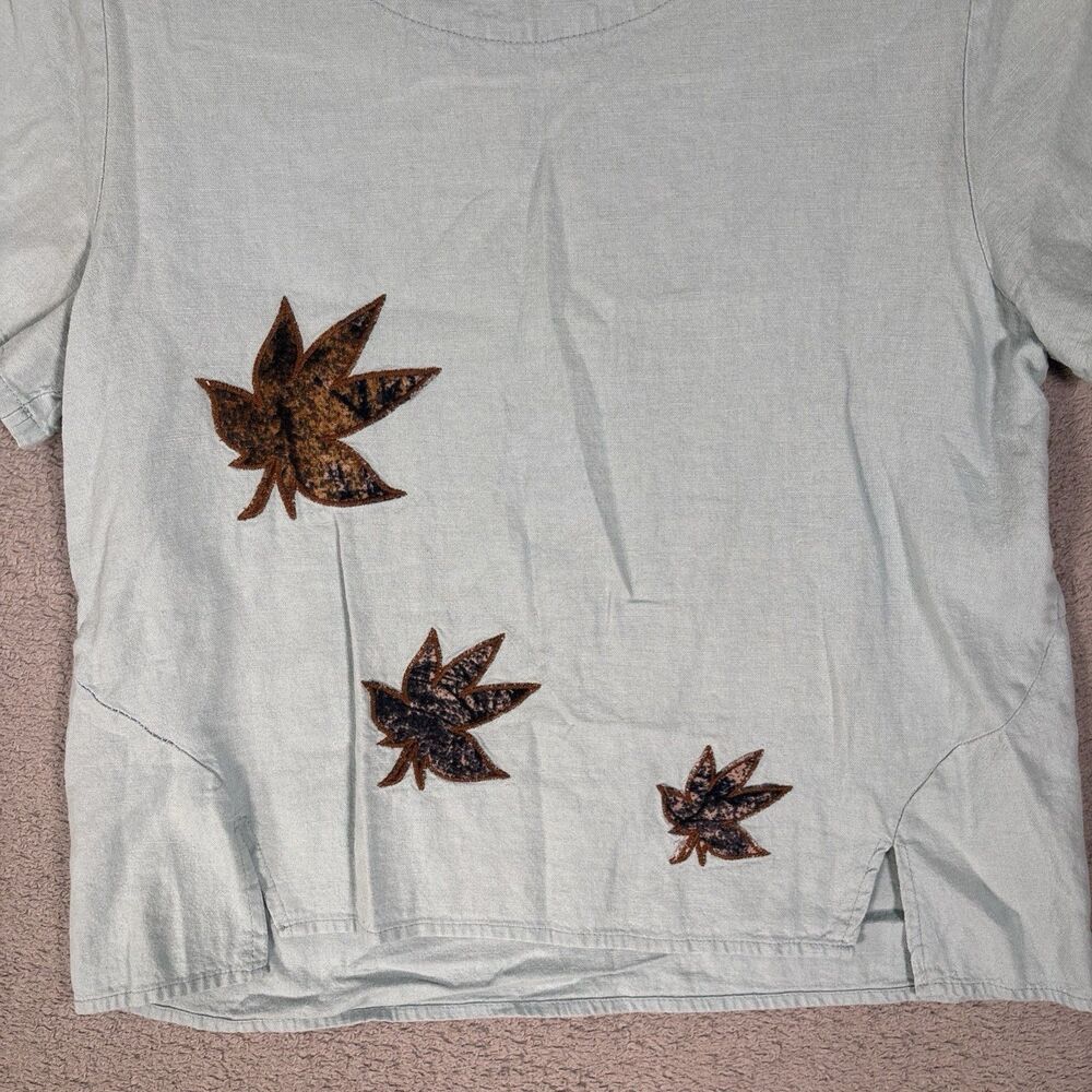 Baletti‎ Vitorino Top Women’s Size M Leaf Applique Slit Hem Powder Blue Bohemian - Picture 6 of 13